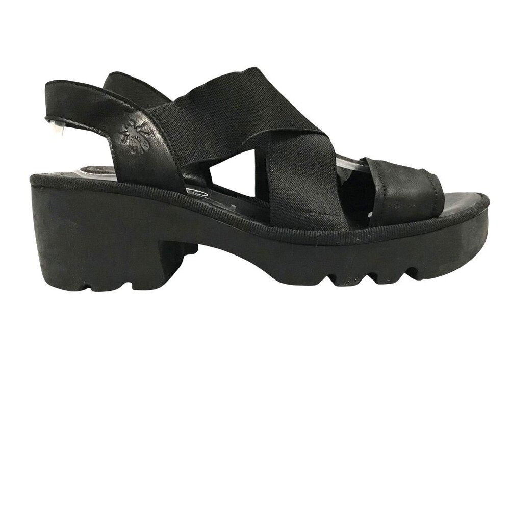 Fly London Womens 7.5-8 /38 Black Leather Platform Sandals Portugal